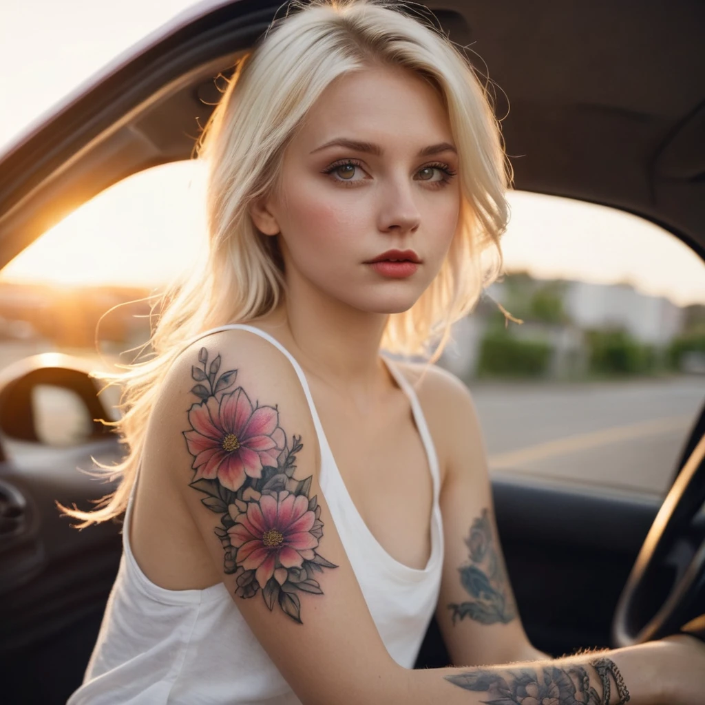 Blonde 25 years old tattoo left arm flowers angel In the car sunset