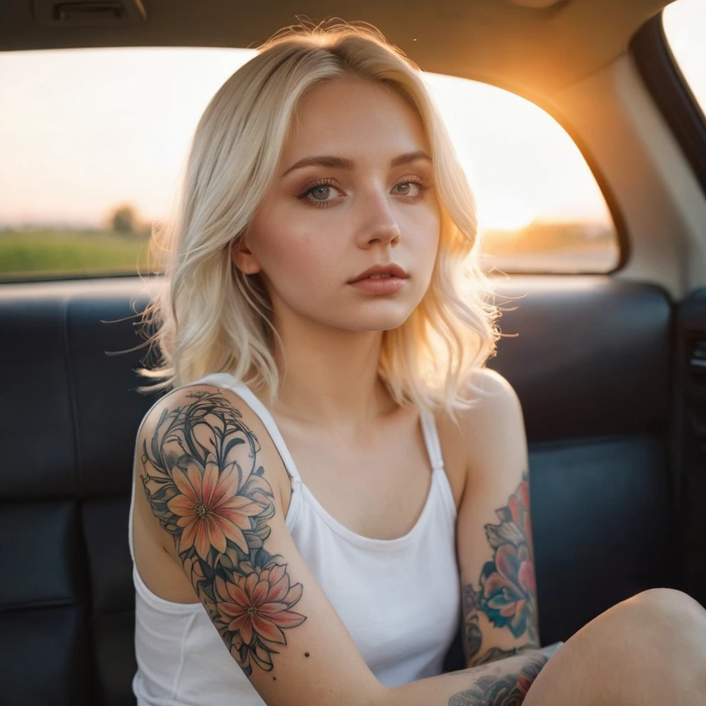 Blonde 25 years old tattoo left arm flowers angel In the car sunset