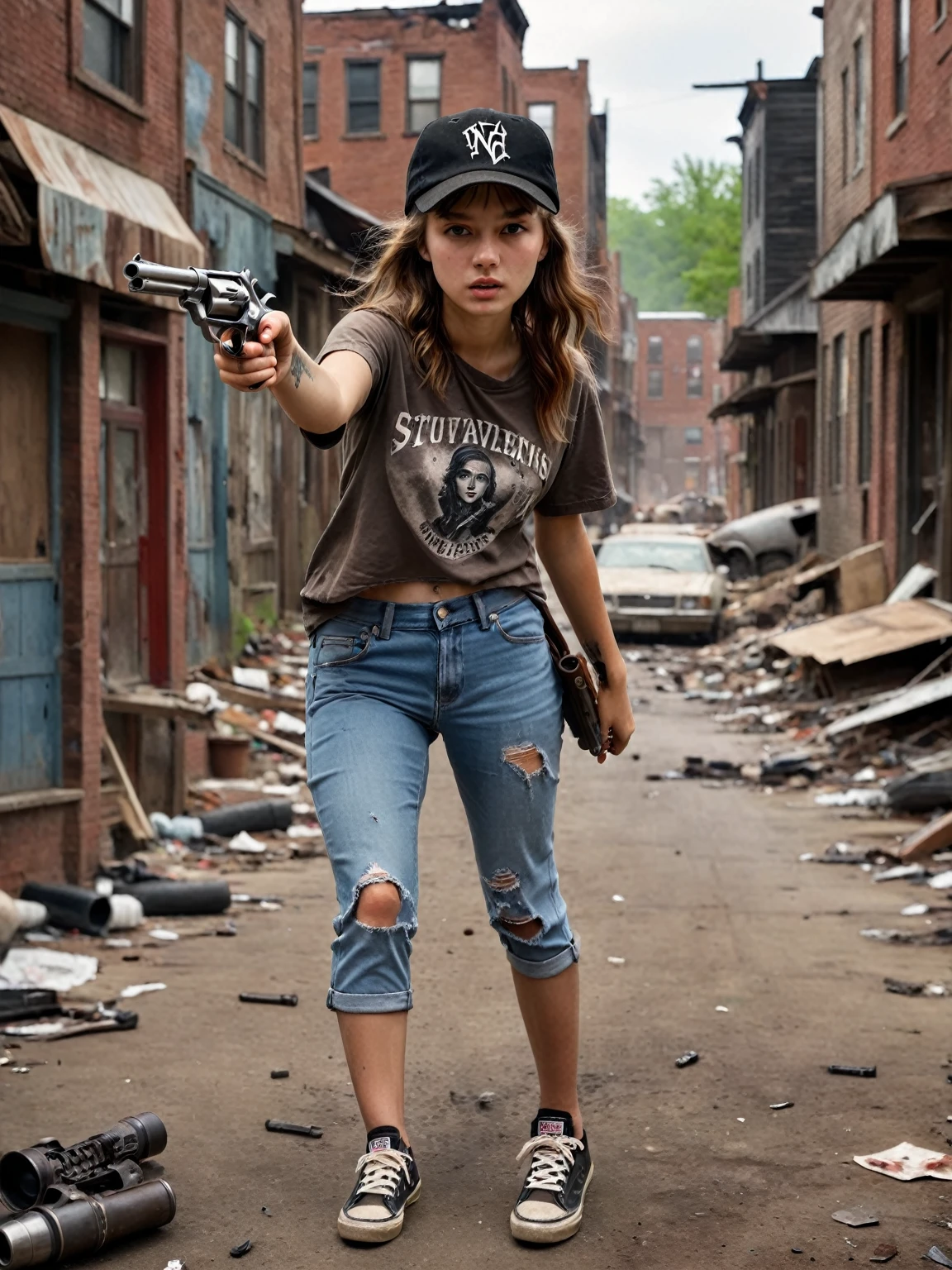 ８k,realistic photo、realistic skin texture、A beautiful very young age girl living in the United States.y Hold a Wesson M442 compact revolver with your hand..、pointing forward ,,Dirty and torn large size.Ｔshirt 、black cap、Dirty Vans high-top sneakers、、A town in chaos、face、moving action pose、cool composition、tattoo