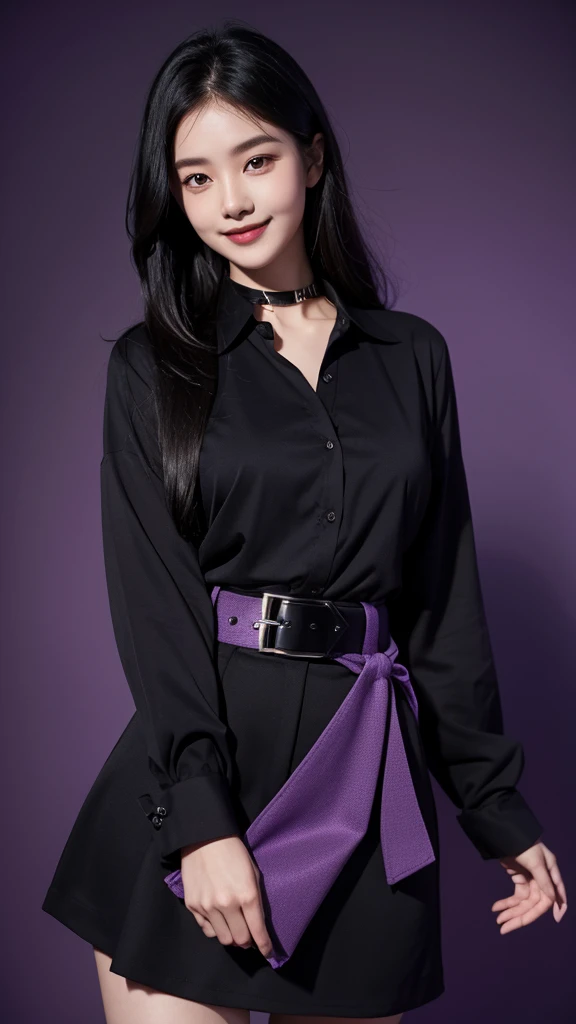 1 girl, black long hair,dark purple shirt with collars, long sleeve, black skirt, tie, belt, standing, smile,neckless, purple background