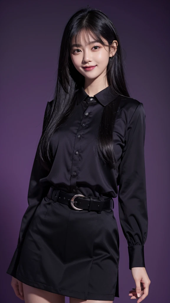 1 girl, black long hair,dark purple shirt with collars, long sleeve, black skirt, tie, belt, standing, smile,neckless, purple background