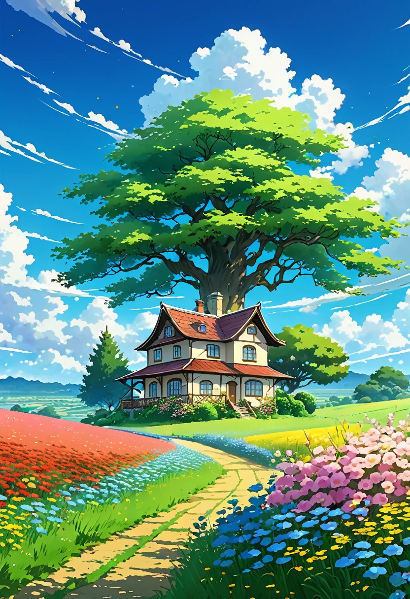 painting of a house in a field with a tree and flowers, animated sky, animated landscape wallpaper, anime countryside landscape, animated landscape, animated clouds, animated background, animated background art, anime art wallpaper 4k, anime art wallpaper 4k, studio ghibli sky, manga wallpaper 4k, 4k anime wallpaper, 4k anime wallpaper, 4k anime wallpaper, animated landscape