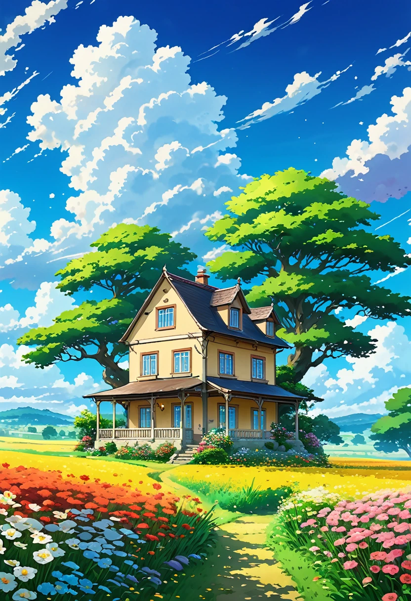 painting of a house in a field with a tree and flowers, animated sky, animated landscape wallpaper, anime countryside landscape, animated landscape, animated clouds, animated background, animated background art, anime art wallpaper 4k, anime art wallpaper 4k, studio ghibli sky, manga wallpaper 4k, 4k anime wallpaper, 4k anime wallpaper, 4k anime wallpaper, animated landscape