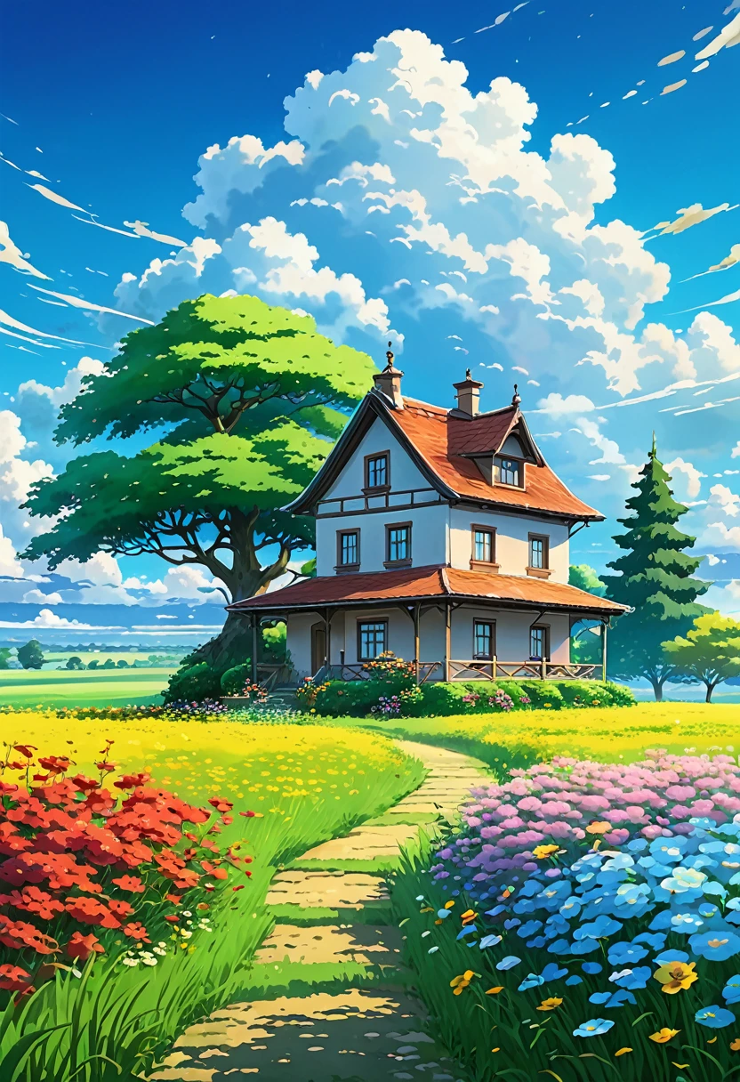 painting of a house in a field with a tree and flowers, animated sky, animated landscape wallpaper, anime countryside landscape, animated landscape, animated clouds, animated background, animated background art, anime art wallpaper 4k, anime art wallpaper 4k, studio ghibli sky, manga wallpaper 4k, 4k anime wallpaper, 4k anime wallpaper, 4k anime wallpaper, animated landscape
