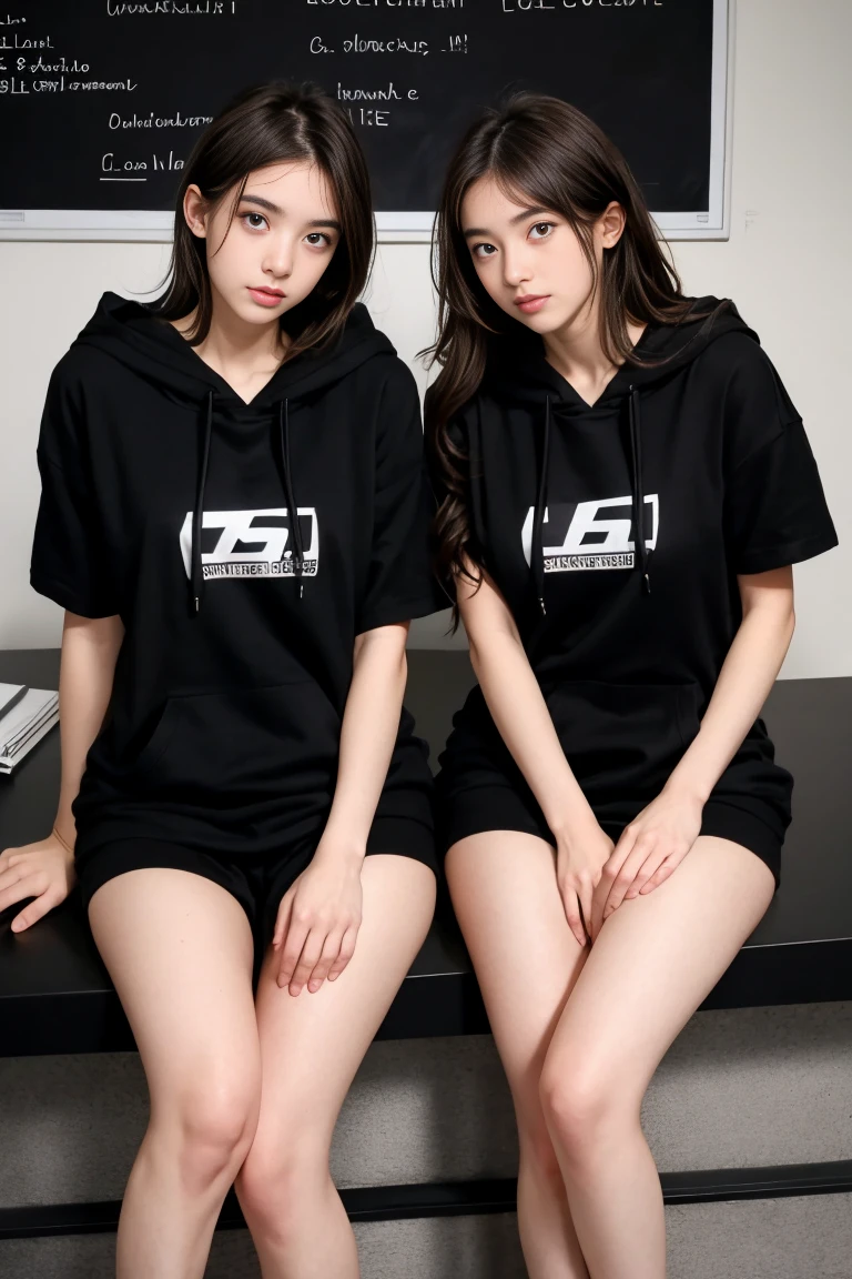 deux femmes ensemble de 18 ans sexy et mince , black short sleeve hoodie , salle de classe, se touche,position sey,sensuel