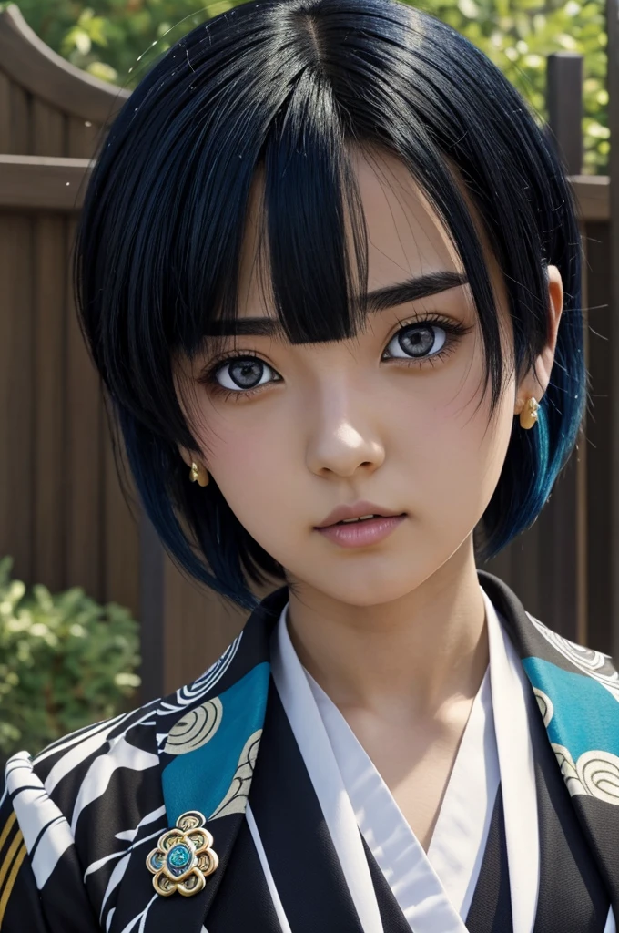 Screenshot of Kimetsu No Yaiba Girl with short black hair with blue tips, long locks, with a brooch on the upper right side, has black eyes
