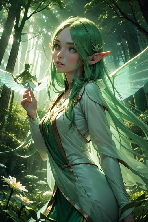 (((Wood elves floating above the forest, Tearing flowers in the forest ))) green hair, body, Radial glow, white fern flowers, Optical, Panoramic lighting, atmospheric perspective, dawn, Smoothing: 5D, Light painting, Color, beautiful countenance, clear facial features, symmetrical transparent wings, impressive detail