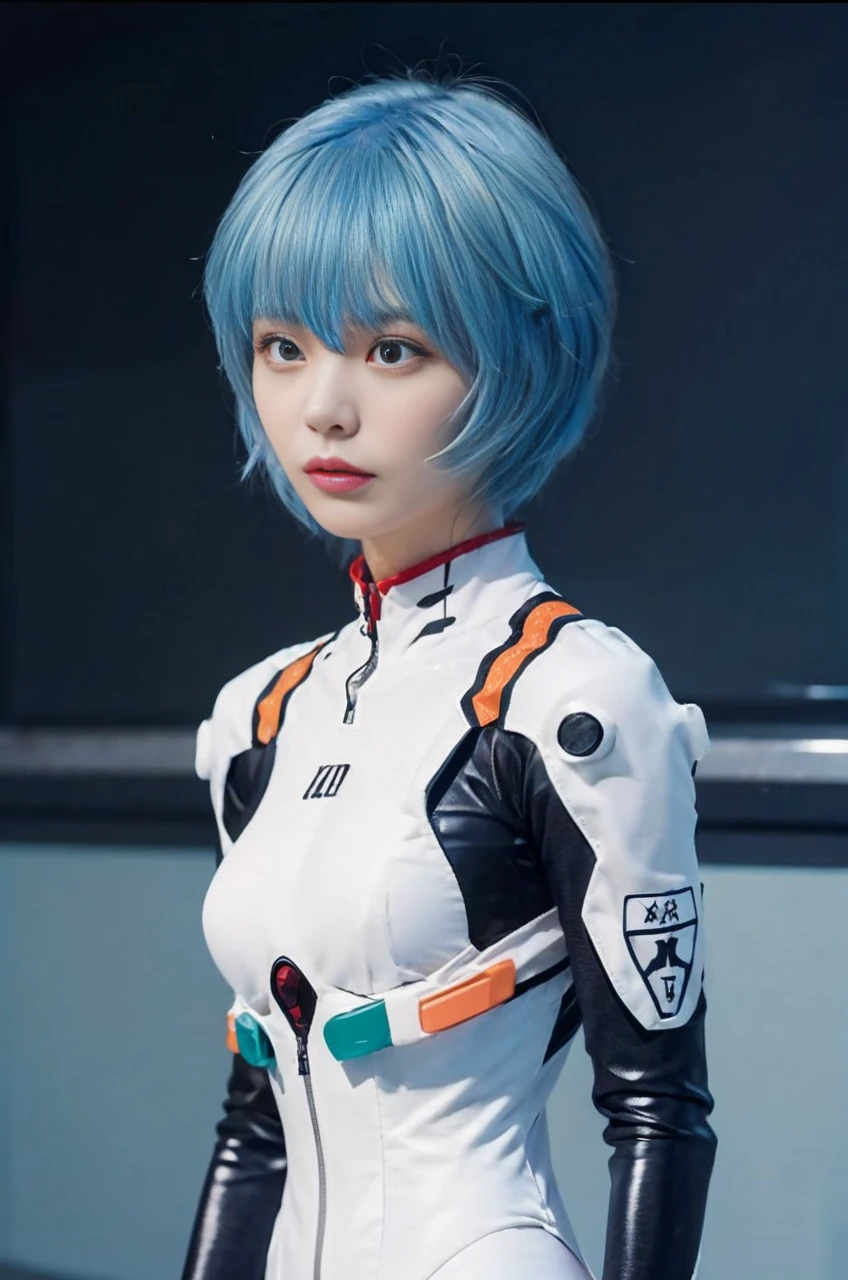 (Best Quality, hight resolution, masutepiece:1.2), 1girl in, Ayanamirei, bob cuts, plugsuit, Upper body view、Interface headset, Background, Light blue hair color, deadpan, full-face blush, embarrassed, Looking at Viewer