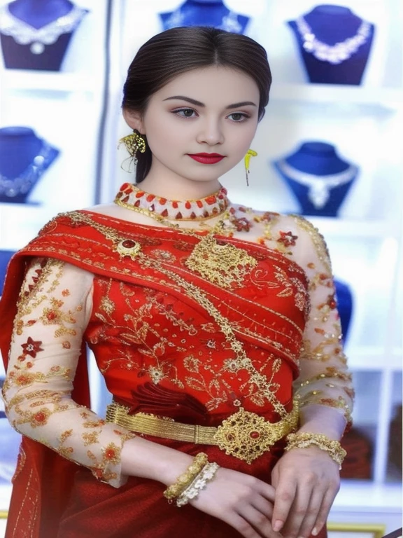Close-up of woman in red dress with gold accessories, traditional beauty, Sukhothai dress, traditional art, traditional, Dilraba Dilmurat, Very beautiful Enga style., Niwan Chandra, traditional dress, traditional tai costume, In Lammanh style, traditional clothes, According to Thawan Duchanee's style, traditional chinese