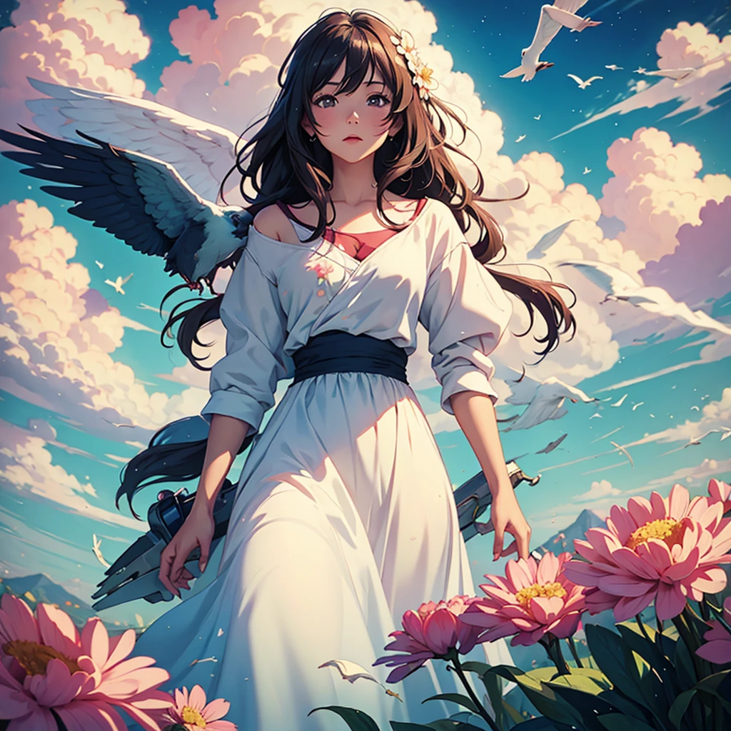 masterpiece, illustration, anime, 1girl, floral, cloud, bird, flow