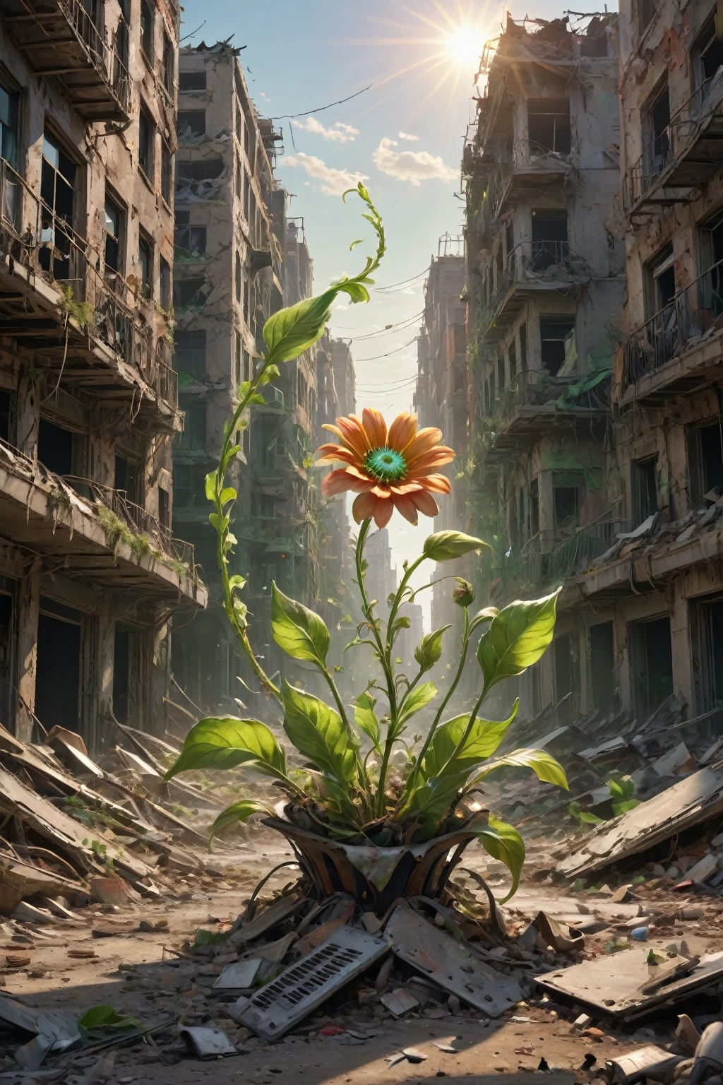 Post-apocalyptic wasteland, the most beautiful and perfect technological flower with green leaves growing amidst the dust and rubble, delicate and vulnerable, Representing Hope and a New Beginning, swirly vibrant colors, dramatic light, extremely detaild, Ultra-realistic, work of art, letitflrsh 