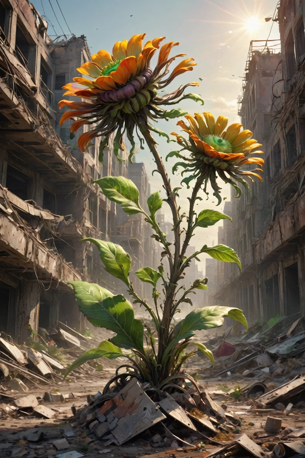 Post-apocalyptic wasteland, the most beautiful and perfect technological flower with green leaves growing amidst the dust and rubble, delicate and vulnerable, Representing Hope and a New Beginning, swirly vibrant colors, dramatic light, extremely detaild, Ultra-realistic, work of art, letitflrsh