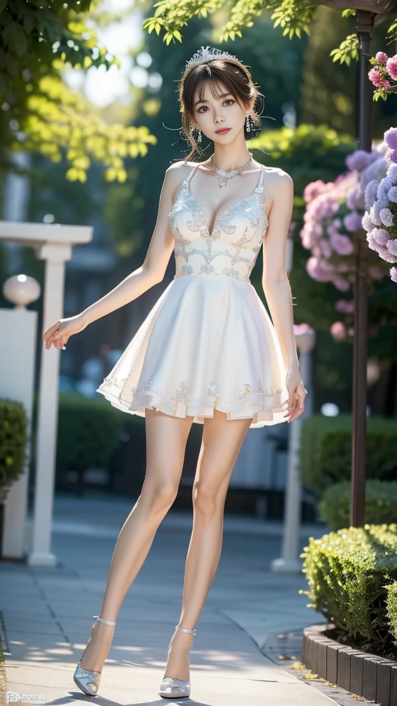 Are standing,High heels,Thin legs,delicate,Queen,whole body,Gorgeous necklace,tiara,Very skinny,Very small cleavage,skirt,masterpiece, Highest quality, Platinum Earrings, Platinum Necklace, White dress with colorful details,embroidery,Flowers,gem, One girl, cute, (Dynamic Lighting:1.2), Cinema Lighting, Delicate facial features, Fine grain, Sharp pupils, Depth of written boundary, Bokeh, Sharp focus, (Ultra-detailed, bloom, shine:1.4), たくさんの小さなgem