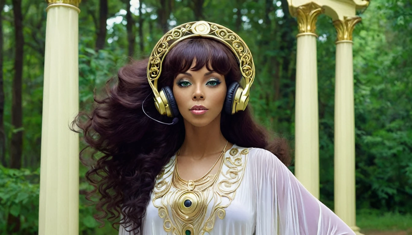 BEAUTIFUL WOMAN WITH FACE IDENTICAL TO Donna Summer, 25 YEARS OLD, GREEN EYES, FULL BODY IMAGE, WITH EARPHONES, SMALL, LISTENING TO MUSIC, LONG PURPLE STRAIGHT HAIR, NATURE, FOREST, IVORY HOUSE WITH GOLD, IVORY COLUMN WITH GOLD, YOUTUBE SYMBOL