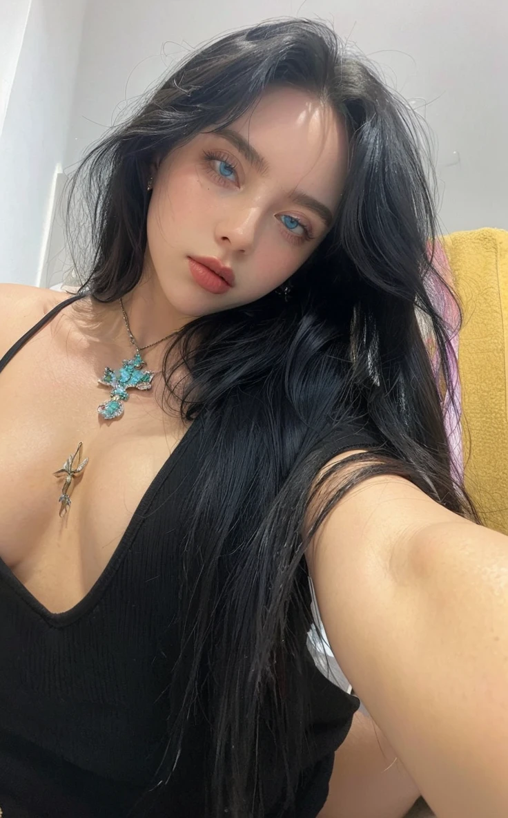 1 girl, sultry body, big boobies, seducing gaze, perfect and intense face, 8 k quality, billie eilish, blue colored eyes.