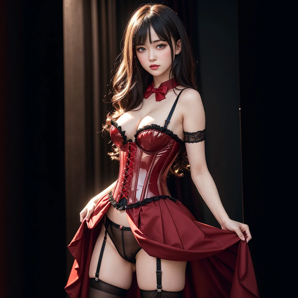 1 boy, effeminate, star eye, blush, perfect lighting, long hair, greeneyes, engine unreal, side lighting, face detailed, bangss, shining skin, simple background, darkness background, red corset with garter belt, pantyhose 7/4 red, Red High Heels, Show Penis