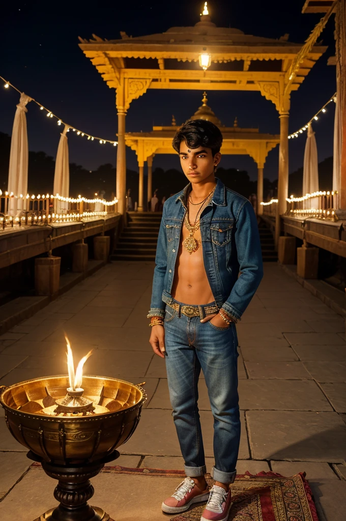 Here is a prompt for the image:

"Envision a vibrant and spiritual scene at the ghats of Varanasi at night. An 18-year-old boy, dressed in modern attire such as jeans, a denim jacket, and sneakers, stands at the forefront, gazing out at the Ganga Aarti ceremony. Behind him, a diverse crowd of people, including men, women, girls, and children, gather to watch the sacred ritual. The atmosphere is filled with the warm glow of diyas, the sweet scent of incense, and the soothing sounds of chanting and music. Capture this enchanting moment in a highly detailed and realistic 3D image, incorporating intricate textures, lighting, and emotions to transport the viewer to the banks of the Ganges River."