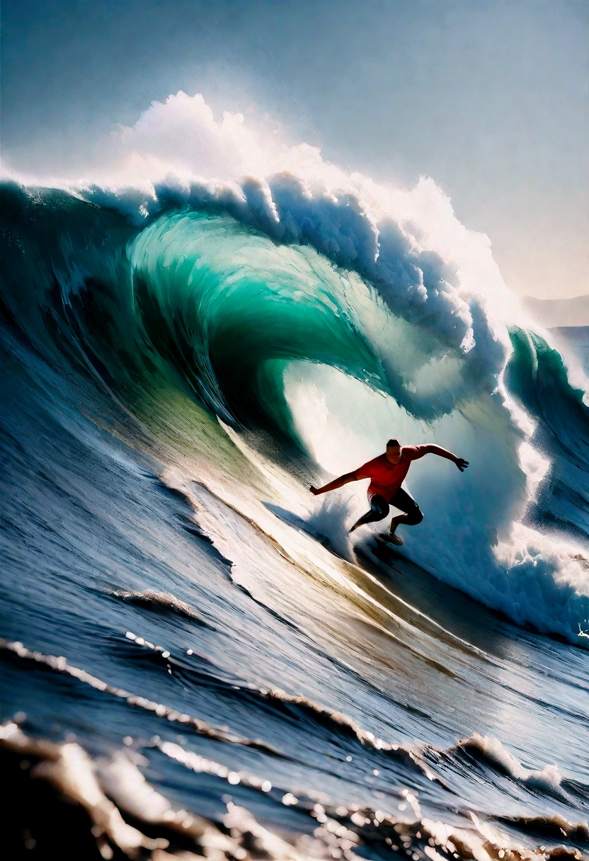 Best Quality, masuter piece, 超A high resolution, (Photorealistic:1.4), Raw photo, Professional Lighting, high-level image quality, high-detail, masterpiece、surfer、Big waves、Clear、Sunnyday