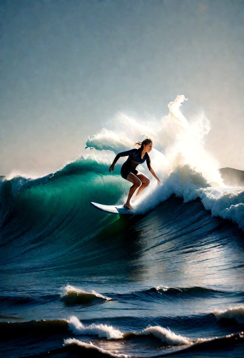 Best Quality, masuter piece, 超A high resolution, (Photorealistic:1.4), Raw photo, Professional Lighting, high-level image quality, high-detail, masterpiece、surfer、Big waves、Clear、Sunnyday