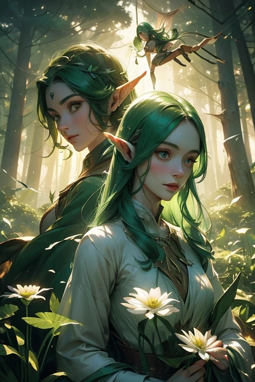 (((Wood elves floating above the forest, Tearing flowers in the forest ))) green hair, body, Radial glow, white fern flowers, Optical, Panoramic lighting, atmospheric perspective, dawn, Smoothing: 5D, Light painting, Color, beautiful countenance, clear facial features, symmetrical transparent wings, impressive detail