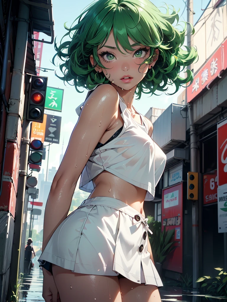 Chica YouTuber,(((1 girl))),((extremely beautiful and beautiful green curly-haired girl)),
(short breasts:1.4),big butt,(((green curly hair:1.35,very curly hair,colored inner hair,ear breathing,short hair))),(((green_eyes:1.3))),intricate eyes,Beautiful detailed eyes,symmetrical eyes,large eyes:1.3,((gordo)),(((shiny skin:1.5,shiny skin: 1.5,tanned skin,shiny skin,very shiny skin,shiny body,plastic glitter skin,exaggerated shiny skin,illuminated skin,wet legs))),detailed body,(detailed face),
beautiful,horny,seductive,erotic,(((NSFW))),
The Great Passage,Revealing clothing,show skin,((rave mini skirt,Visible thong straps,Anime Art Print Sleeveless Loose White T-shirt)),((wet clothes,intricate costume,intricate clothing)),
(dynamic pose:1.0),ashamed,(centered,Scale to fit dimensions,rule of thirds),
cyberpunk city by the ocean at night, with bright neon signs and dark stormy clouds and puddles, scenery:1.25,
Artistic photography,(Photograph taken by SLDR),high resolution, sharp focus, (ultra detailed, extremely detailed), (photorealistic artwork:1.37),(extremely detailed CG unity 8k wallpaper),((synth wave background theme)),(((vibrant colors))),(intricate background),(Masterpiece),(Best Quality),