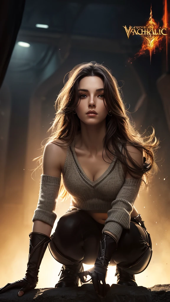 Waist high portrait, fantasy art, photorealism, dynamic lighting, art station, poster, volume lighting, highly detailed face, (official uniform: 1.4), long hair, sweater, delicate clavicle, bare shoulders, Breast augmentation, small waist, hips, legs, squatting, from below, looking at viewer