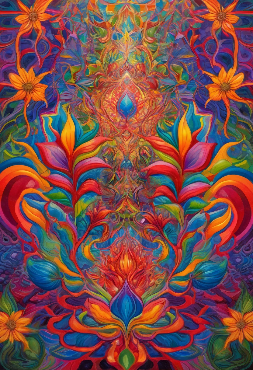 a jester, colorful, surreal, psychedelic, center, detailed, geometric patterns, visionary art, shamanic, alex grey, mini worlds, flowers, strong colors, 2D, monet style