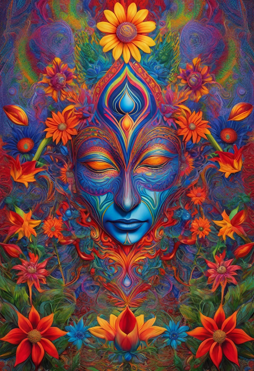 a jester, colorful, surreal, psychedelic, center, detailed, geometric patterns, visionary art, shamanic, alex grey, mini worlds, flowers, strong colors, 2D, monet style