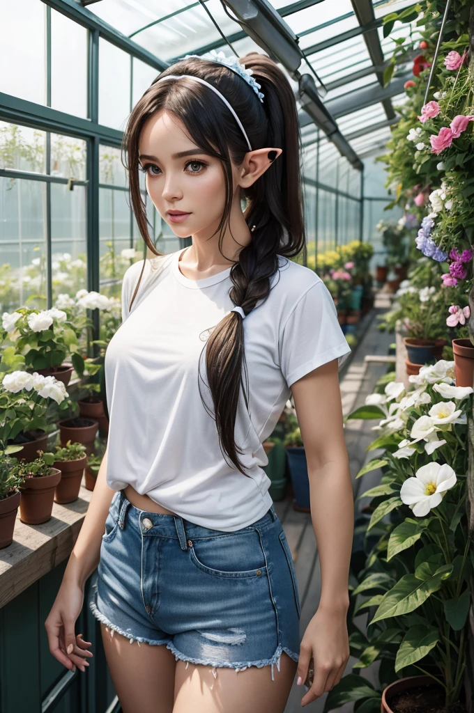 30 year old woman from Saturn, elf ears, thick athletic body, beautiful, cute, long ponytail hair with flower headband, in greenhouse, photoshoot, wearing white t shirt and blue jean shorts