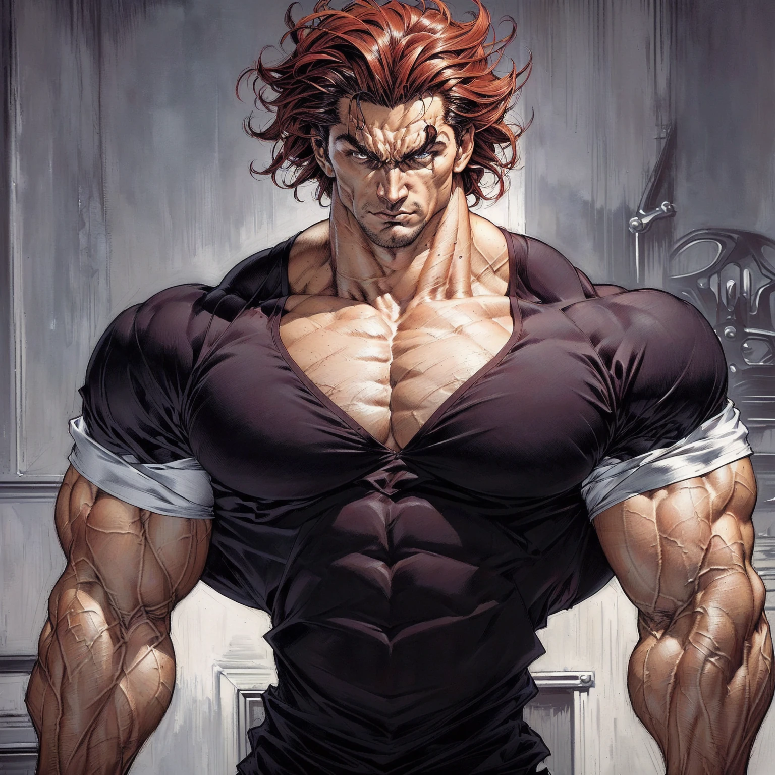 Close-up of a man with a muscular body and a shirt, Muscular character, Jason Fabok. Greg Staples, perspective!! Acoma Photo, Muscular male champion, Jason Fabok, Strong and imposing, Mike Deodato Jr, Exaggerated muscular structure, mouth, Fitness is overrated, Anime handsome man, Jenzuman, An epic image of threat