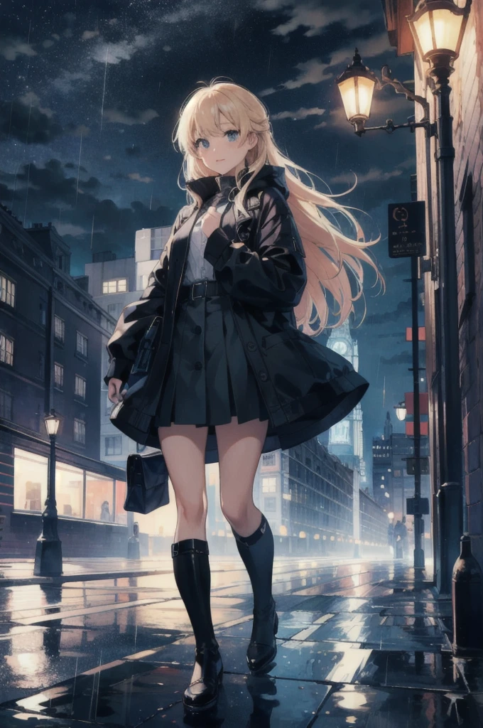 best quality, rain, night, sky, london, city, one girl.