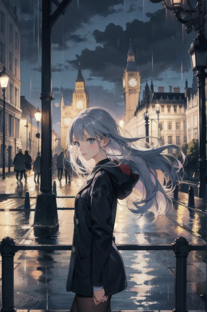 best quality, rain, night, sky, london, city, one girl.