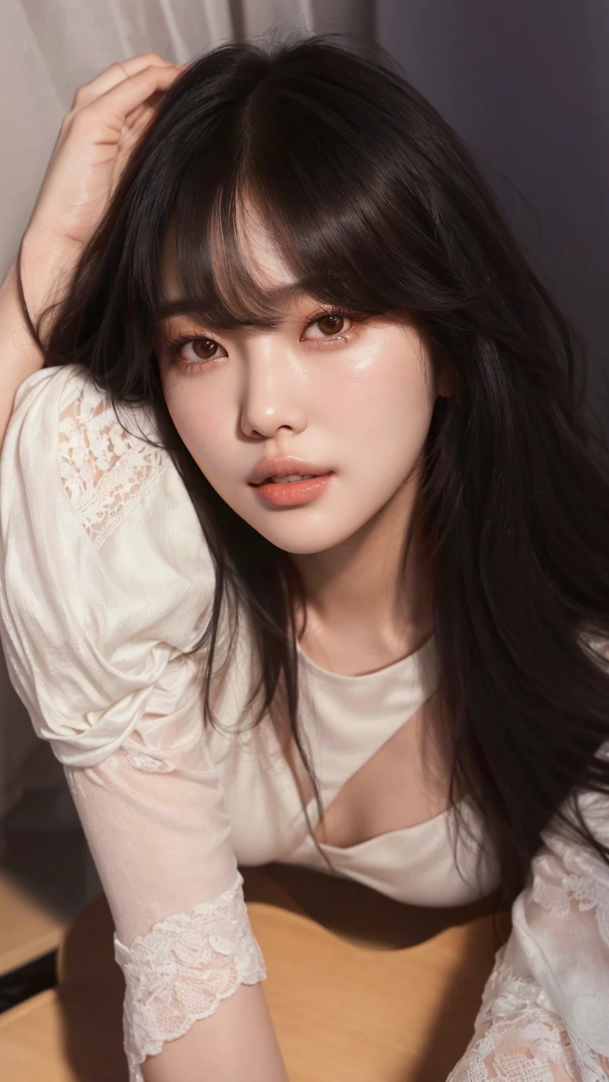 a close up of a woman with long hair and a white shirt, song hye - kyo, bae suzy, jinyoung shin, she has black hair with bangs, with bangs, beautiful south korean woman, sun yunjoo, curtain bangs, with full bangs, blackpink jennie, female actress from korea, cute korean actress, popular south korean makeup, heonhwa choe