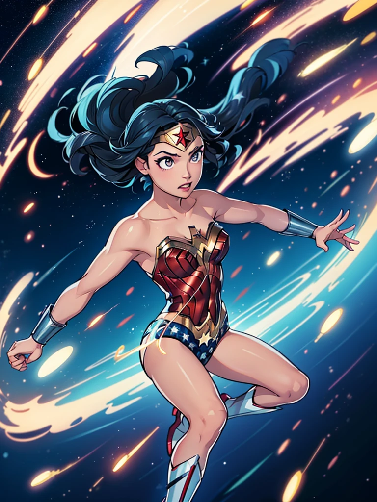 1girl, wonder woman, (leotard, bare legs), boots, gloves, space, solo, single, spread arms, standing, (spinning like a tornado), light particles, sparkling, super speed, solo, single, speed lines, spinning energy pulse