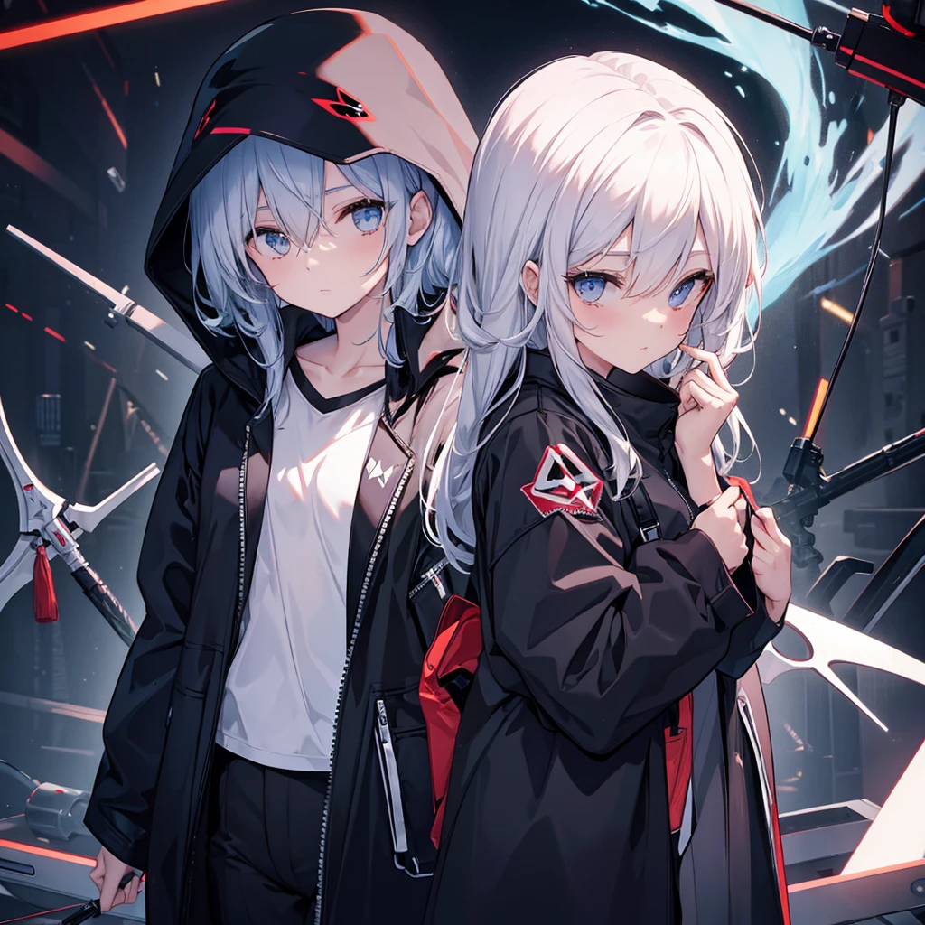 (((Grim Reaper's Scythe))) (((Gray Hair Short Hair blue eyes girl))),((night full moon My own big wings)),(Wearing a hood Black camisole Purple light), A tense look Shining Background Shining Edge