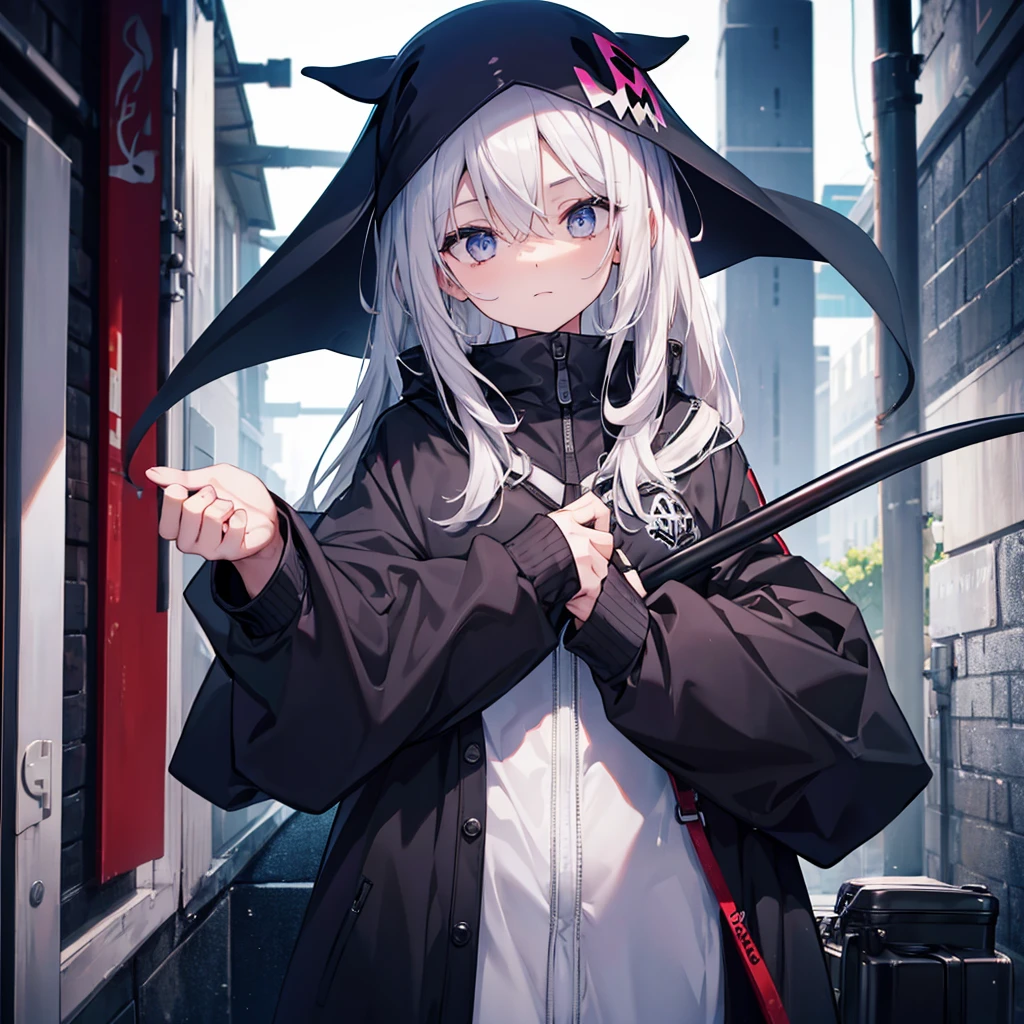(((Grim Reaper's Scythe))) (((Gray Hair Short Hair blue eyes girl))),((night full moon My own big wings)),(Wearing a hood Black camisole Purple light), A tense look Shining Background Shining Edge