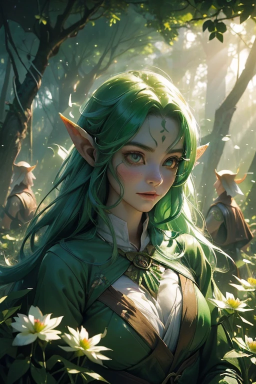 (((Wood elves floating above the forest, Tearing flowers in the forest ))) green hair, body, Radial glow, white fern flowers, Optical, Panoramic lighting, atmospheric perspective, dawn, Smoothing: 5D, Light painting, Color, beautiful countenance, clear facial features, symmetrical transparent wings, impressive detail