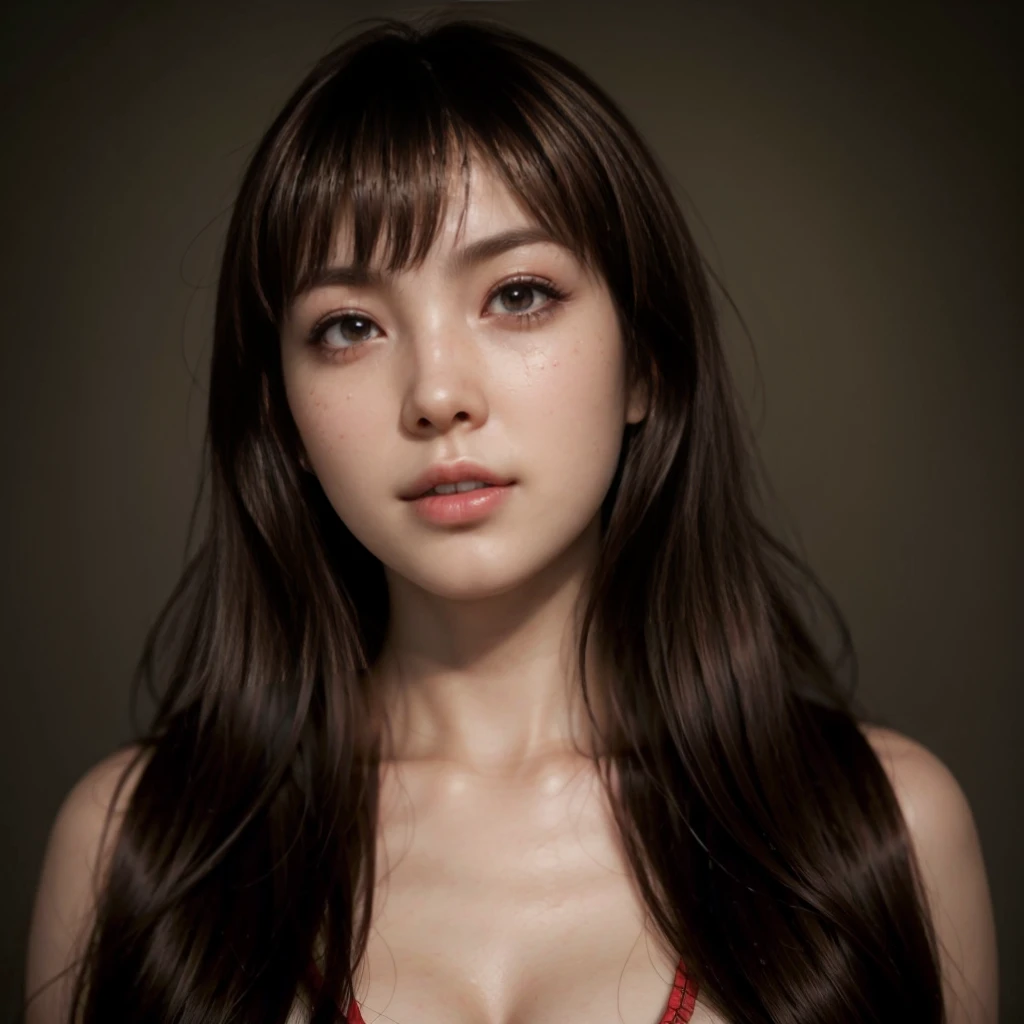 Kasumi, brown eyes, (best quality, ultra-detailed), (realistic:1.37), beautiful and detailed face, ultra-realistic texture, delicate face, delicate body, red lipstick, bright colors. High definition, 8K.