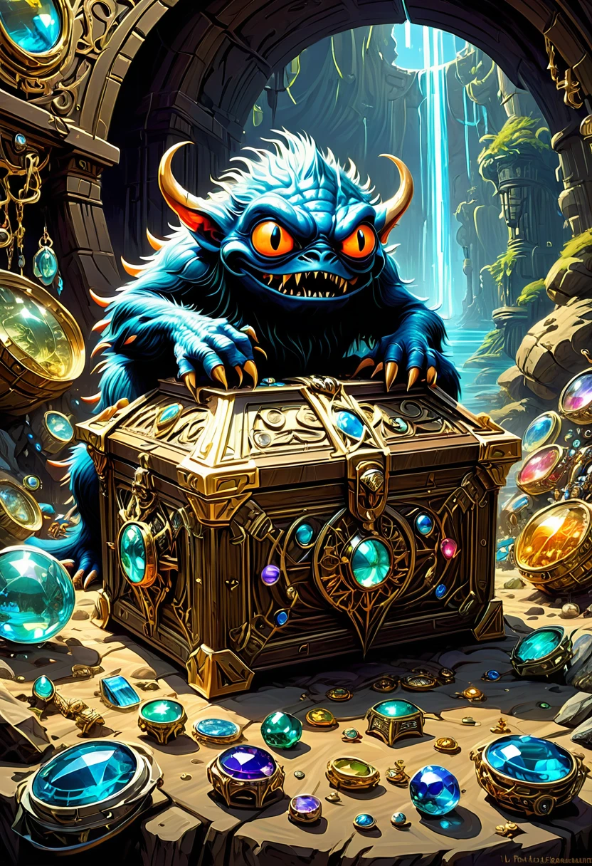Mimic Treasure Box Monster. Scattered jewelry, by Ralph McQuarrie, best quality, masterpiece, very aesthetic, perfect composition, intricate details, ultra-detailed