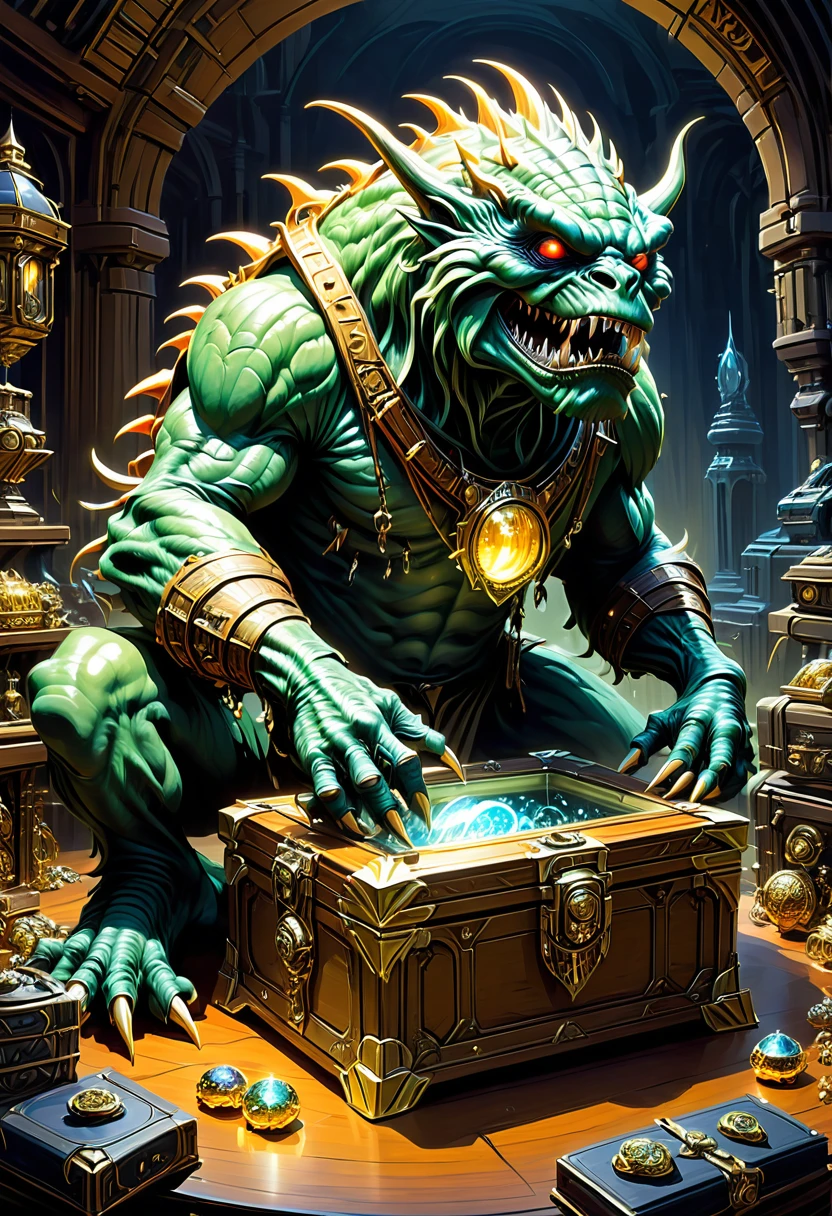 Mimic Treasure Box Monster. Scattered jewelry, by Ralph McQuarrie, best quality, masterpiece, very aesthetic, perfect composition, intricate details, ultra-detailed