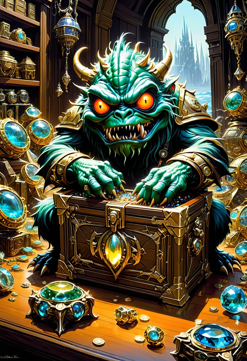 Mimic Treasure Box Monster. Scattered jewelry, by Ralph McQuarrie, best quality, masterpiece, very aesthetic, perfect composition, intricate details, ultra-detailed