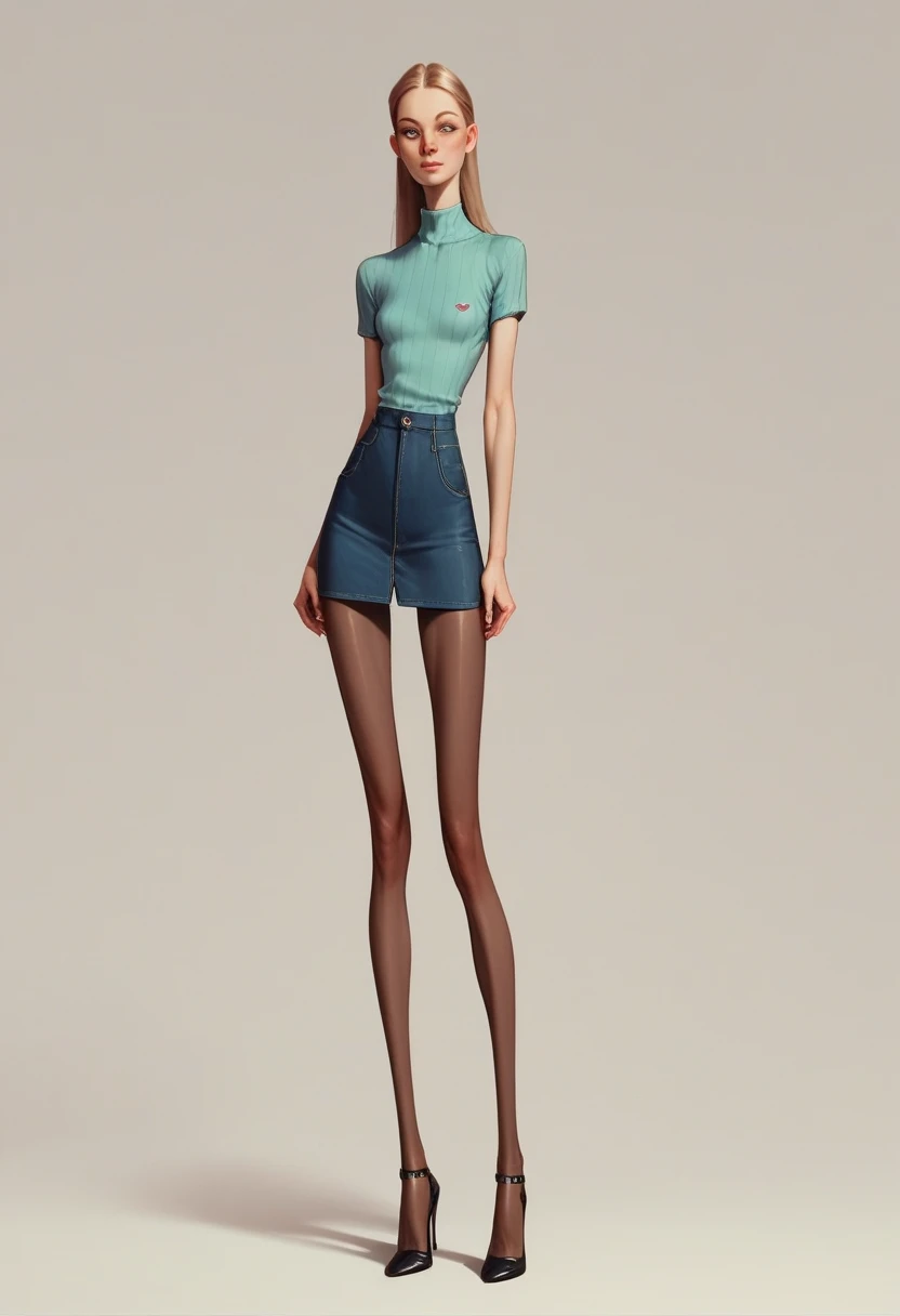 Unrealistically skinny. Narrow body anorexia thin long skinny legs. In a short dress. in pantyhose. in heels. elongated skinny body