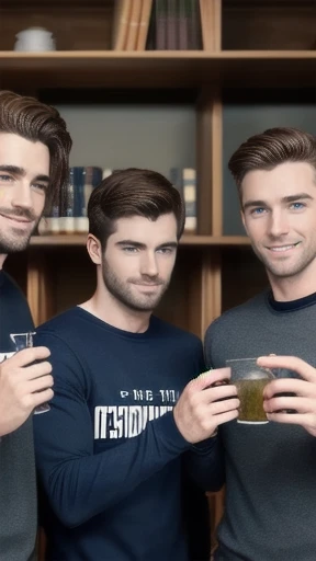 group of handsome irish men gathered together, in sweatshirts  focusing on their faces.