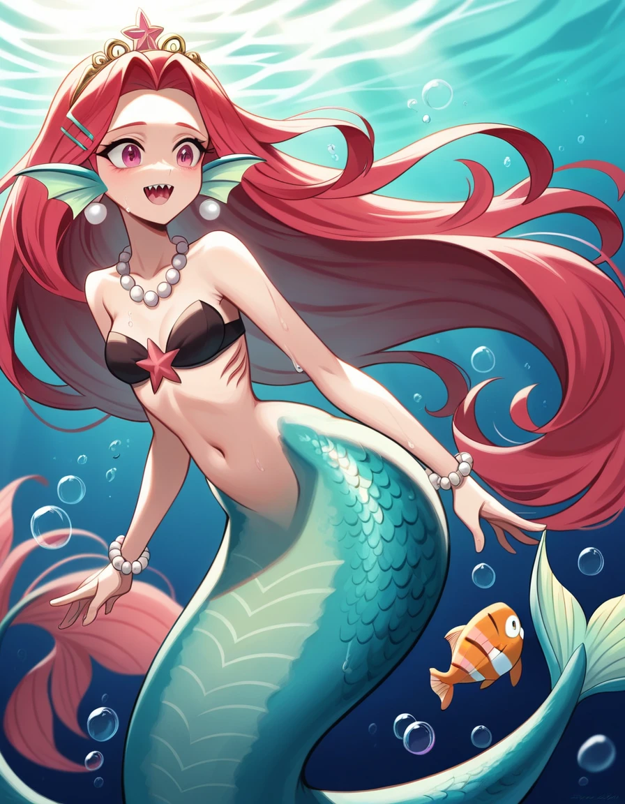 (best quality,4k,8k,highres,masterpiece:1.2),ultra-detailed, Pretty princess magically transformed into a beautiful mermaid, race swap, fantastic transformation, none human, steampunk, fish like, wet body, surrounded by small bubbles, long mermaid tail below waistline, fins ears, shimmering red fish scales, drawn in anime style, very long pigtails red hair, sharp teeth, is smiling, pink eyes, small breast, long pelvic and dorsal fins, pair of fish gills on the torso, seashells bra, starfish hair clips, pearl earrings and bracelets, pearl necklace, hair ribbons, gold tiara, ocean depths, swimming underwater, joyful expression, playful mermaid poses, sparkling water, water reflections, ethereal atmosphere, subtle glow, whimsical and enchanting, checking her new body, underwater world, colorful coral reef, magical underwater lighting, vivid colors, breathing underwater, endless ocean depths, sunlight filtering through the water, Highly detailed, masterpiece, high quality, 4K.