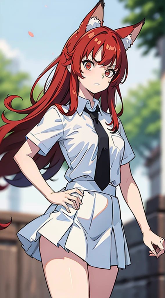 1girl ,20s,angry face,white shirt,short sleeves,(black standard tie),white school skirt,(red hair),long hair,fox ears,cowboy shot,forest,neon
