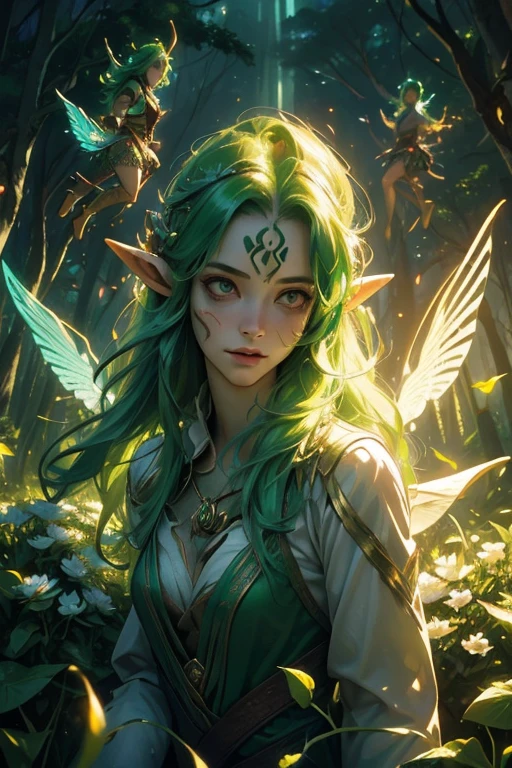 (((Wood elves floating above the forest, Tearing flowers in the forest ))) green hair, body, Radial glow, white fern flowers, Optical, Panoramic lighting, atmospheric perspective, dawn, Smoothing: 5D, Light painting, Color, beautiful countenance, clear facial features, symmetrical transparent wings, impressive detail