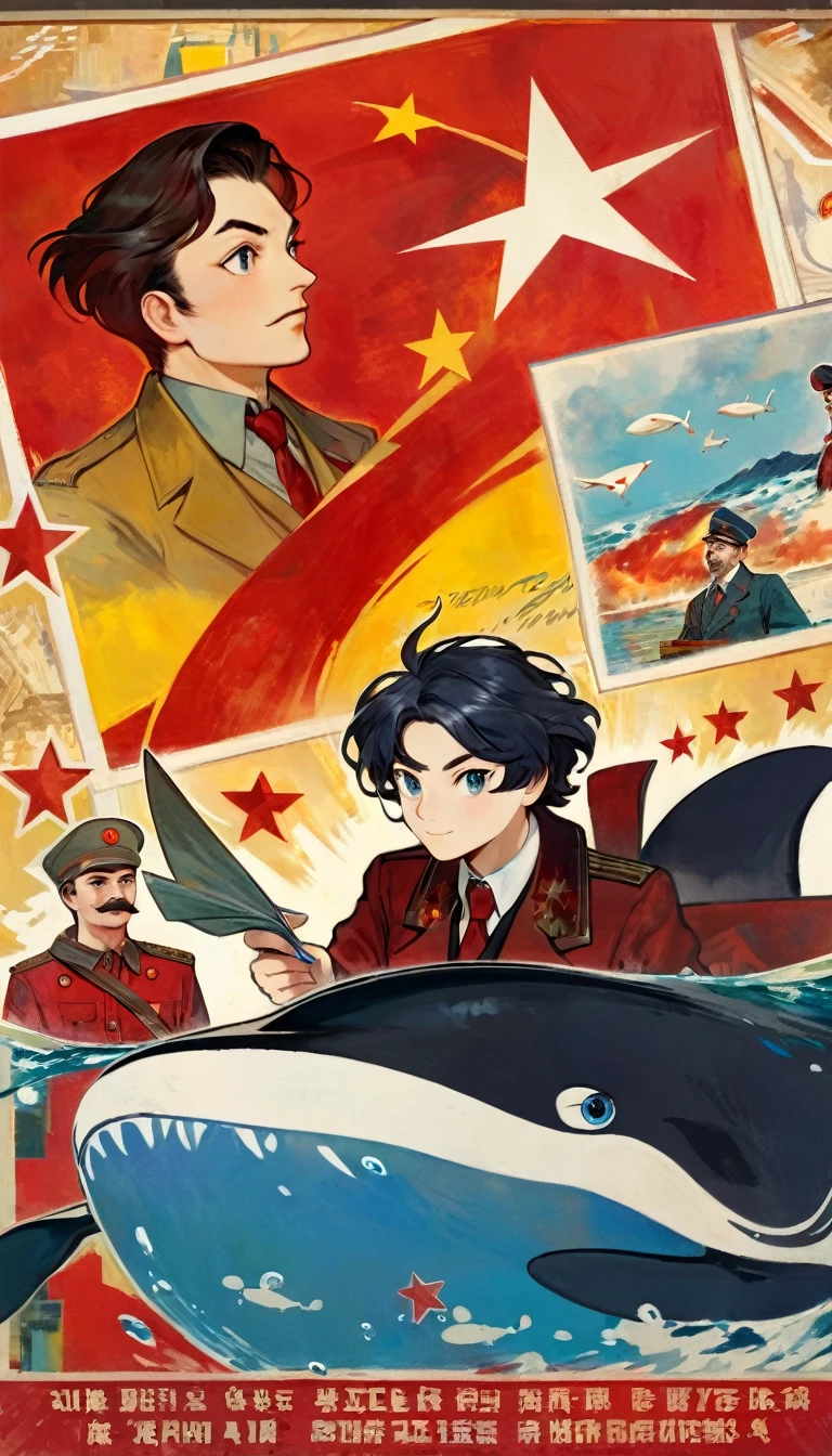 a communist poster with a drawing of an 1killer whale and a 1communist star, magic, fantastic,(art inspired in Skottie Young and Bill Sienkiewicz). oil painting)