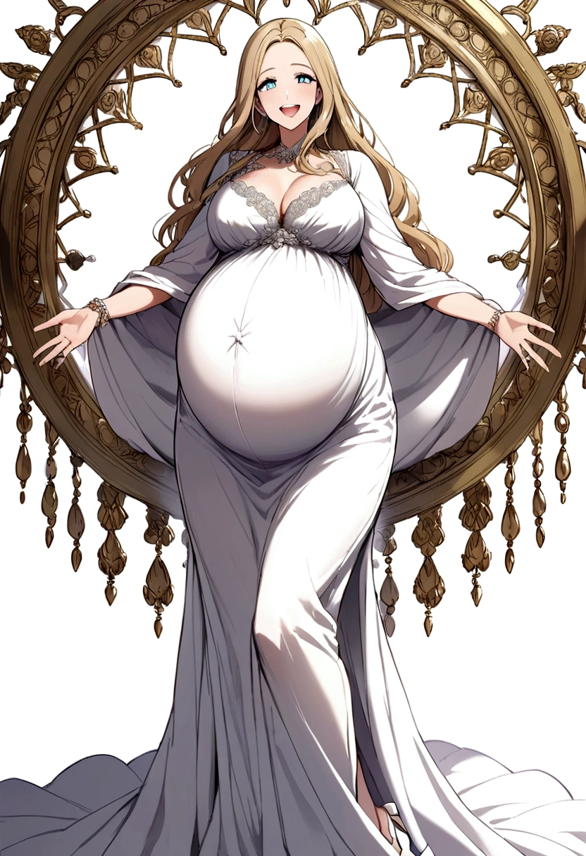 pregnant tall beautiful mom with long blonde hair, blue eyes, long white dress, white heels, happy