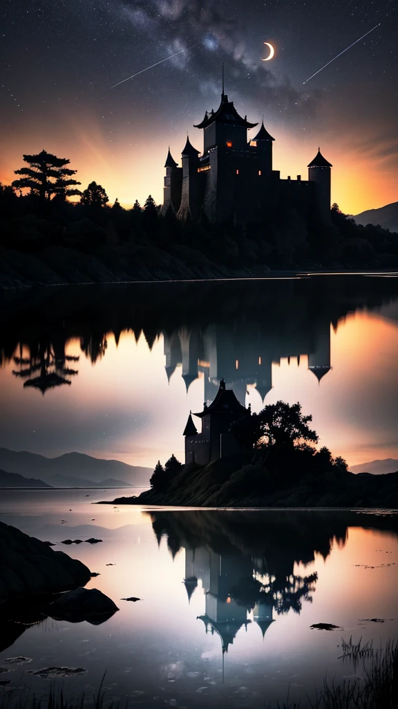 A traditional Japanese castle with multi-tiered roofs and white walls is illuminated against a dark night sky. The castle is beautifully reflected in a still body of water in front of it, creating a perfect mirror image. The crescent moon hangs in the sky to the left of the castle and is also reflected in the water. The castle is surrounded by a stone foundation, and the surrounding trees are partially visible in the background. The overall scene has a serene and mystical atmosphere, enhanced by the contrast between the illuminated castle and the dark surroundings.