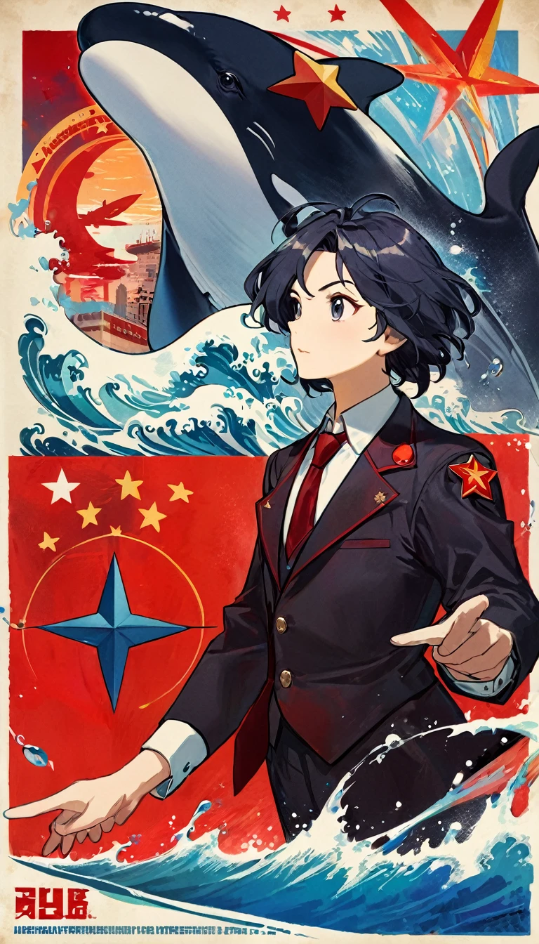 a communist poster with a drawing of an 1killer whale and a 1communist star, magic, fantastic,(art inspired in Skottie Young and Bill Sienkiewicz). oil painting)